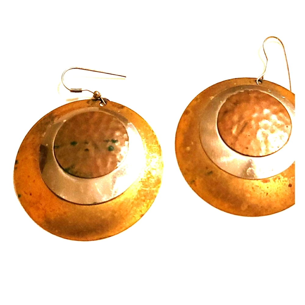Bronze and Silver Circle Dangle Earrings